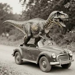 dinosaurs driving cars, victorian photo,