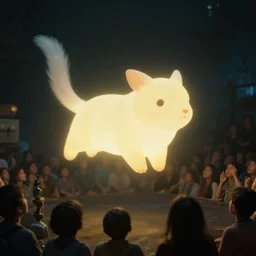 the glowing floating animal, people watch in awe, film still from the movie directed by denis villeneuve and david cronenberg with art direction by salvador dali and dr. seuss