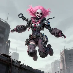cyber creepy clown ghost in the shell girl pink hair jump from a building, tears from the eyes, wearing cyberpunk intricate streetwear, beautiful, detailed portrait, intricate complexity, ilya kuvshinov, cell shaded, 4 k, concept art, by wlop, ilya kuvshinov, greg rutkowski