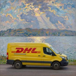 DHL delivery van and the lake, painting by Monet