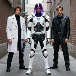 cyborg ulzzang with white sci - fi tactical gear, black leather garment, purple transparent sci - fi hood, full shot fashion photography, alleyway, by irving penn and storm thorgerson, ren heng, peter elson