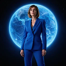 angela basset wearing a smart blue suit looks intently into the distance, behind her a large blue planet scintillates with electrical energy, photography by fred palacio medium full shot still from bladerunner 2 0 4 9, sci fi, bladerunner, canon eos r 3, f / 3, iso 2 0 0, 1 / 1 6 0 s, 8 k, raw, unedited