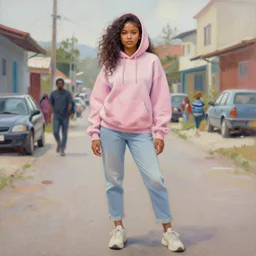 ( ( yolandi visser ) ) zendaya in the style of martine johanna and donato giancola, wearing a hoodie, standing in a township street, street fashion outfit,!! haute couture!!, full figure painting by john berkey, david choe, ismail inceoglu, pastel color, detailed impasto brush strokes, 2 4 mm lens