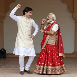Justin Trudeau dancing with Narendra Modi in bollywood costume