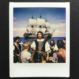 christopher columbus arrives in cuba with his crew, with the ship in the background, polaroid photograph from the 1 5 th century