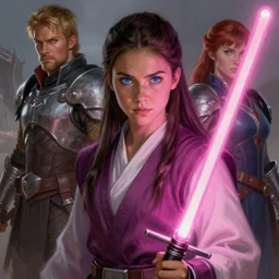 blue eyed brunette girl!! pink lightsaber!!! jedi, fire emblem, art by artgerm and greg rutkowski and magali villeneuve, portrait, d & d, fantasy, highly detailed, digital painting, trending on artstation, concept art, sharp focus, illustration