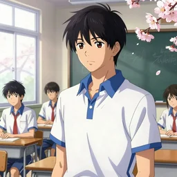 boy's love anime high school classroom scene spring setting, expert high detail concept art, perfect proportions fine - face, tall athletic, bold colors, smooth sharp focus, realistic shaded lighting poster ilya kuvshinov, katsuhiro, jeremy lipkin and michael germash, makoto shinkai, loish and clamp style, trending on art station, best selling artist