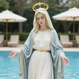 a highly detailed and realistic photo of the virgin mary cosplay, beautiful body, pool party, 4 k, good light
