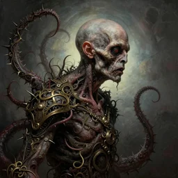 centered horrifying detailed side view profile portrait of a insane, crazed, mad old bald zombie, ornate tentacles growing around, ornamentation, thorns, vines, tentacles, elegant, beautifully soft lit, full frame, by wayne barlowe, peter mohrbacher, kelly mckernan, h r giger