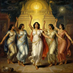 8 0's srilankan womans as greek goddes are dancing on temple, painting by james jean, craig mullins, j. c. leyendecker, lights, art by ernst haeckel, john william godward, hammershøi