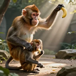 Emma Watson with a big gigantic monkey doing telekinesis in a zoo, petting the monkey while it's eating bananas