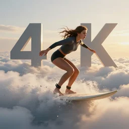 girl surfing on a cloud, 4 k, ultra details, cinematic, epic style, beautiful photo, hyper realistic, octane render, unreal engine, award winning, on artstation, volumetric lightning, masterpiece, golden hour,