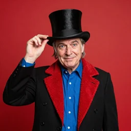 trout fishman wearing a top hat and black suit with red fleece and a blue buttonup raising his hand, portrait, red background, album cover