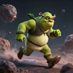 ninja shrek running on asteroid belt, ue 5, ue 6, unreal engine 5, cinematic 4 k wallpaper, 8 k, ultra detailed, by popular digital artist, beautiful image, resolution, artstation