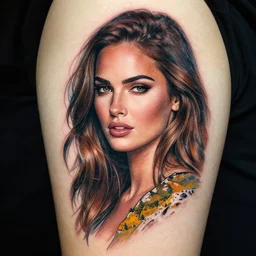 tattoo design sketch with double exposure effect of megan fox face and beautiful mountain scenery, in the style of matteo pasqualin, amazing detail