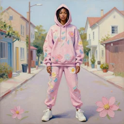 alice eve wearing a hoodie standing in a township street in the style of martine johanna, street clothing, haute couture! fashion!, full figure painting by andrei riabovitchev, tara mcpherson, david choe, decorative flowers, detailed painterly impasto brushwork, pastel color palette, die antwoord