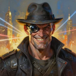 an intimate portrait of a gnarly human cyberpunk captain, old skin, faded fedora, charming, strong leader, metal eye piece, a look of cunning, big smile, detailed matte fantasy painting, golden cityscape, lasers, sparks, orange and blue and white