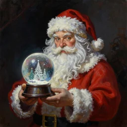 an ultra - realistic oil painting of santa claus holding a snowglobe in the style of frank frazetta. 4 k. ultra - realistic. highly detailed. dark fantasy. epic lighting.