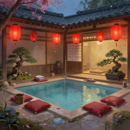 painting of private empty onsen next to japanese inn with levitating red lanterns and petals by greg rutkowski craig mullins ross tran bonsai trees cushions towels buckets zen garden flowers ornate japanese motifs concept art clear focus fantasy d & d cinematic lighting unreal engine lumen reflections trending on artstation