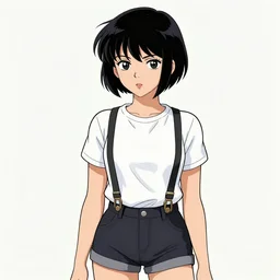 a woman with black hair pixie cut in shorts with suspenders and white t-shirt drawn by anime, Alexandre Cabanel, norman rockwell, peter paul rubens, maler collier, frank frazetta, alphonse mucha, gustav klimt 4k, unreal 5, DAZ, french noveau, trending on artstation, octane render, hyperrealistic