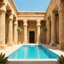a pool and palms into the interior of a egyptian ancient structure, retrowave art,digital art,trending on art station