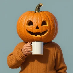 a pumpkin wearing a sweater and holding a human head mug, highly detailed, centered, solid color background, digital painting, artstation, concept art, smooth, sharp focus, illustration, donato giancola Joseph Christian Leyendecker, Les Edwards, Ed Repka, Basil Gogos, WLOP, Artgerm