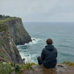 person sits on a cliff and looks at the sea, very aesthetic, oil painting,rain
