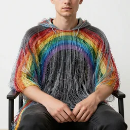 closeup portrait of a man with a cloak made of wire and rainbows, sitting in a chair in an abandoned house, by Annie Leibovitz and Steve McCurry, natural light, detailed face, CANON Eos C300, ƒ1.8, 35mm, 8K, medium-format print