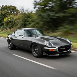 award winning photo of an ultra detailed high quality!! jaguar e - type!! car, with carbon fibre wrap, lowered suspension, speeding very fast along a country road, fast shutter speed, motion blur, tiny gaussian blur, highly detailed, highly intricate, depth of field, trending on top gear, full car body, wide angle lens