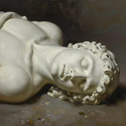 frazetta oil painting of the junge ground low angle, cut off statue head lying on the ground