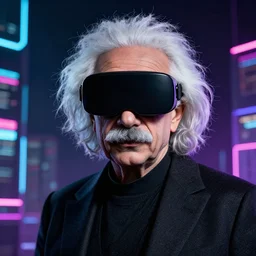 albert einstein wears virtual reality glasses in the cyberpunk universe