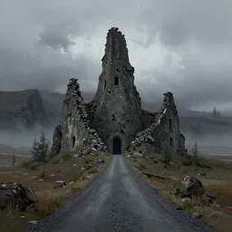 A digital painting by Simon Stålenhag of Iceland´s gravel road monumental old ruins tower of a dark misty forest,overcast, sci-fi of Iceland landscape.