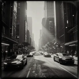 daguerrotype photograph of cyberpunk city street, futuristic buildings, advanced cars, daguerrotype, grainy photograph