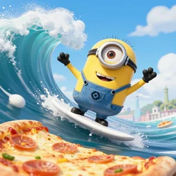 a minion from despicable me surfing on a pizza wave