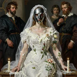 The beautiful woman in steel full-face mask under the white veil wearing a white dress and covered with melted white candle wax, flowers and plants grow on her skin, by Ilya Repin, Mikhail Vrubel, William Blake, Michelangelo da Caravaggio, Rafaelle Monti and Beksinski, dramatic volumetric lighting, full body portrait, highly detailed oil painting, 4k, masterpiece