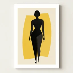 silhouette illustration art print, full body figure of woman, geometric, abstract, yellow, beige background, by gary hume, augustin edouart, trending on society 6