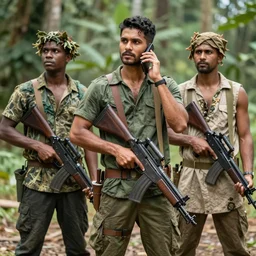 call men wearing a jungle style clothes holding a weapon and wearing some armour looking around great photography - n 2 0