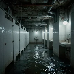 vaporwave photograph of a vast dark eerie multi - level storm - drain white brick - tile underground indoor washrooms that don't exist with dim lights and several feet of caustics water on the floor and hallways and junctions. the floor is flooded in a meter of sloshing water, digital art establishing shot