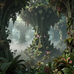 Highly detailed wide angle photo of a fractal forest , dense vegetation realistic lighting volumetric lighting floating particle effects wonderland fantasy fog mist lightrays octane render by Zdzislaw Beksinski Jean Giraud and Bosh, hyper realistic, fantasy art