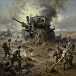 oil painting of mud evacuated sluge from 3 0 0 0 battle - panorama avulsed filth machine, by alberto bontempi, shigeru komatsuzaki, wayne d barlowe, alex ross, enric torres, simon bisley & boris vallejo, hyper realism, cinematical, narrative light, muted colors, epic, hyper detailed, awe inspiring, award winning horror