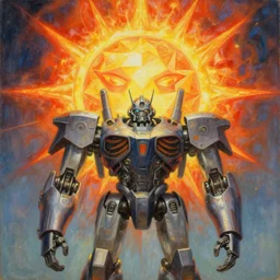 a painting of a blazing geometric sun above a giant robotic god, detailed, 4 k, by stanley donwood philippe druillet and victo ngai,