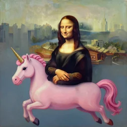 An oil painting of cyberpunk Mona Lisa is sitting on the pink unicorn that flies in the sky