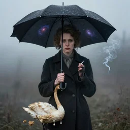 photographic portrait of sad max ernst woman swan dried melting floral fungus with spiraling cigarette smoke, holding an umbrella, nebula, in fog, editorial