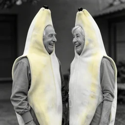 poignant portrait black and white photo of an old couple wearing banana costumes, laughing at each other, nostalgia, love