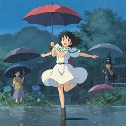 A girl dancing with umbrellas in the rain, a scene from the movie: The Girl Who Leapt Through Time, by Makoto Shinkai