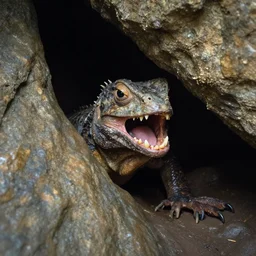 photo inside a cavern of a wet reptilian humanoid charles mingus partially hidden behind a rock, with black eyes, open mouth and big teeth