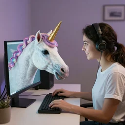 a unicorn using a pc