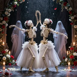 two female skeletons dancing on stage while it rains flowers everywhere, red and white flowers, candle light, Baroque, ghosts