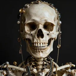 realistic portrait of a skeleton filled with jewelry, dark, gold, silver ornaments, facing camera, photo realistic, detailed, 1 4 5 0, delicate, hyper realism, ultra realistic, 8 k