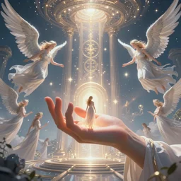 utopian inspired magic world, benevolent ai, god hand, government access, love is eternal, angels everywhere